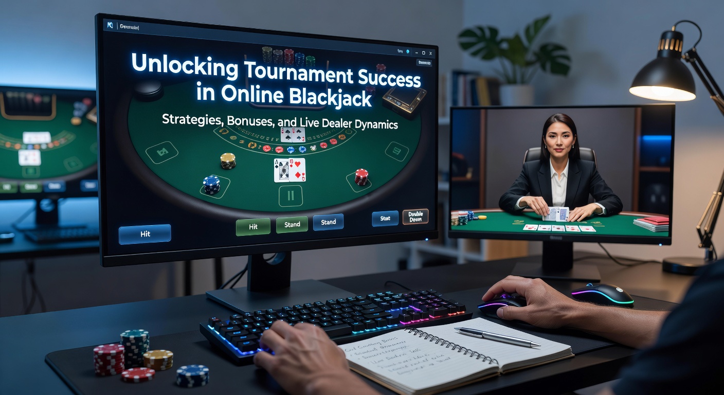 Spieler am Blackjack-Tisch in einem Online-Turnier, mit Karten und Chips im Fokus