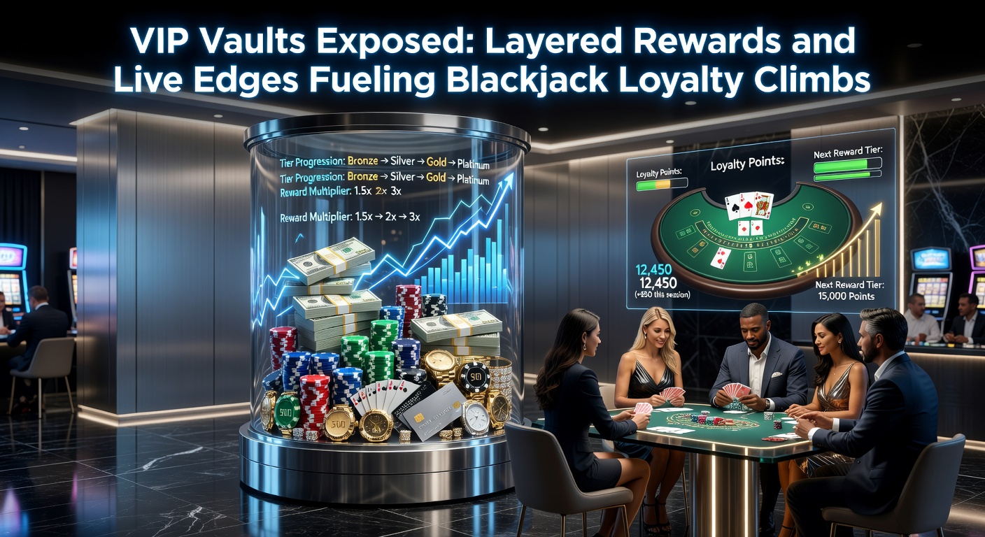 Ein stilisiertes Bild von einem goldenen VIP-Tresor, der sich öffnet und Schichten von Belohnungen wie Münzen, Chips und Live-Dealer-Symbolen freigibt, symbolisch für Blackjack-Loyalitätsprogramme